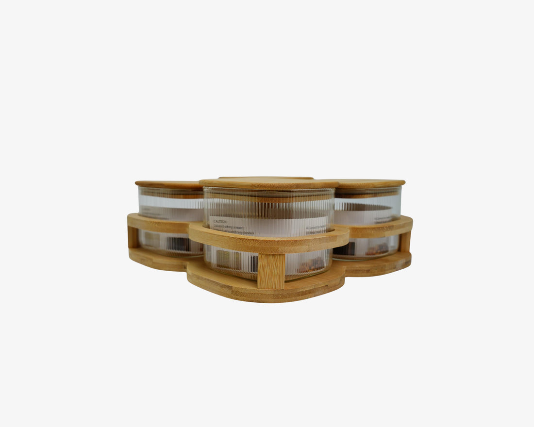 4-Piece Glass Storage Jar Set with Airtight Bamboo Lids & Rotating Bamboo Tray